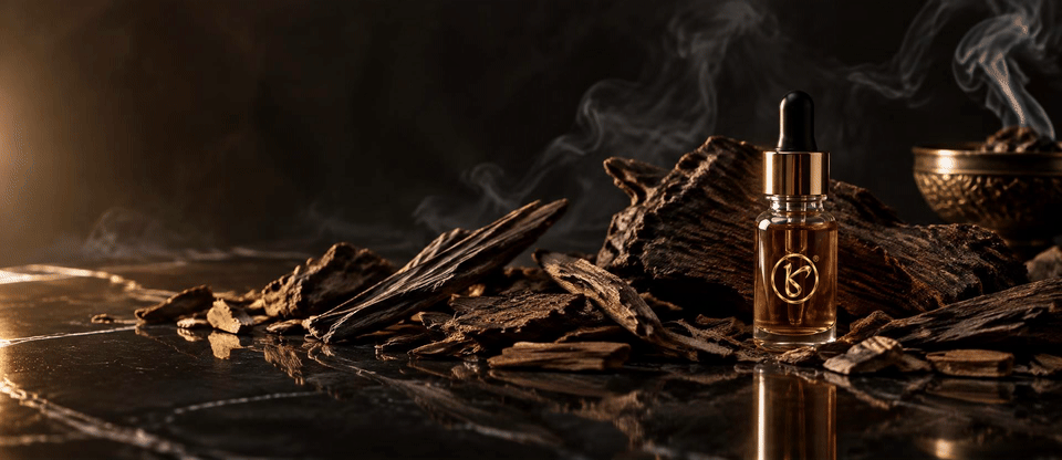 Agarwood chips and a Khalifa oud oil bottle on dark marble with drifting incense smoke